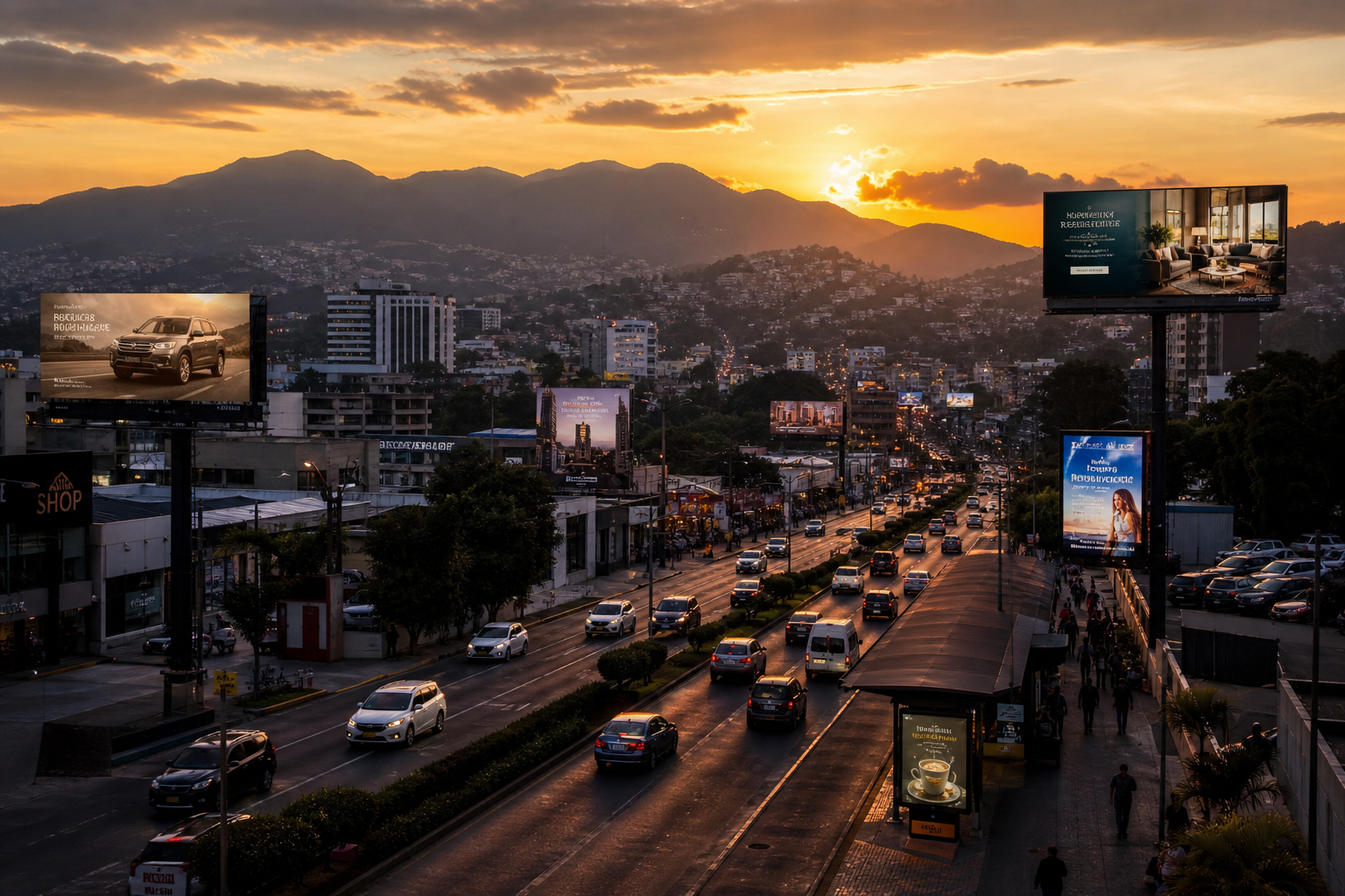 Publicidad exterior en avenida al atardecer